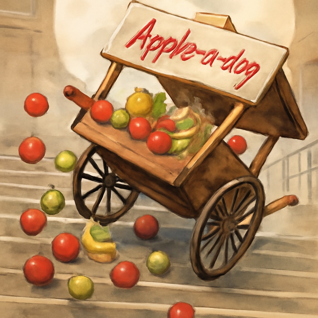 Apple-a-dog on the cart sign instead of Apple-a-day